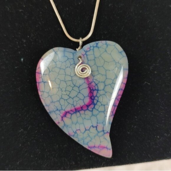 2" Dragon Vein Agate Heart Pendant Sterling Silver Chain Necklacf - Picture 4 of 8